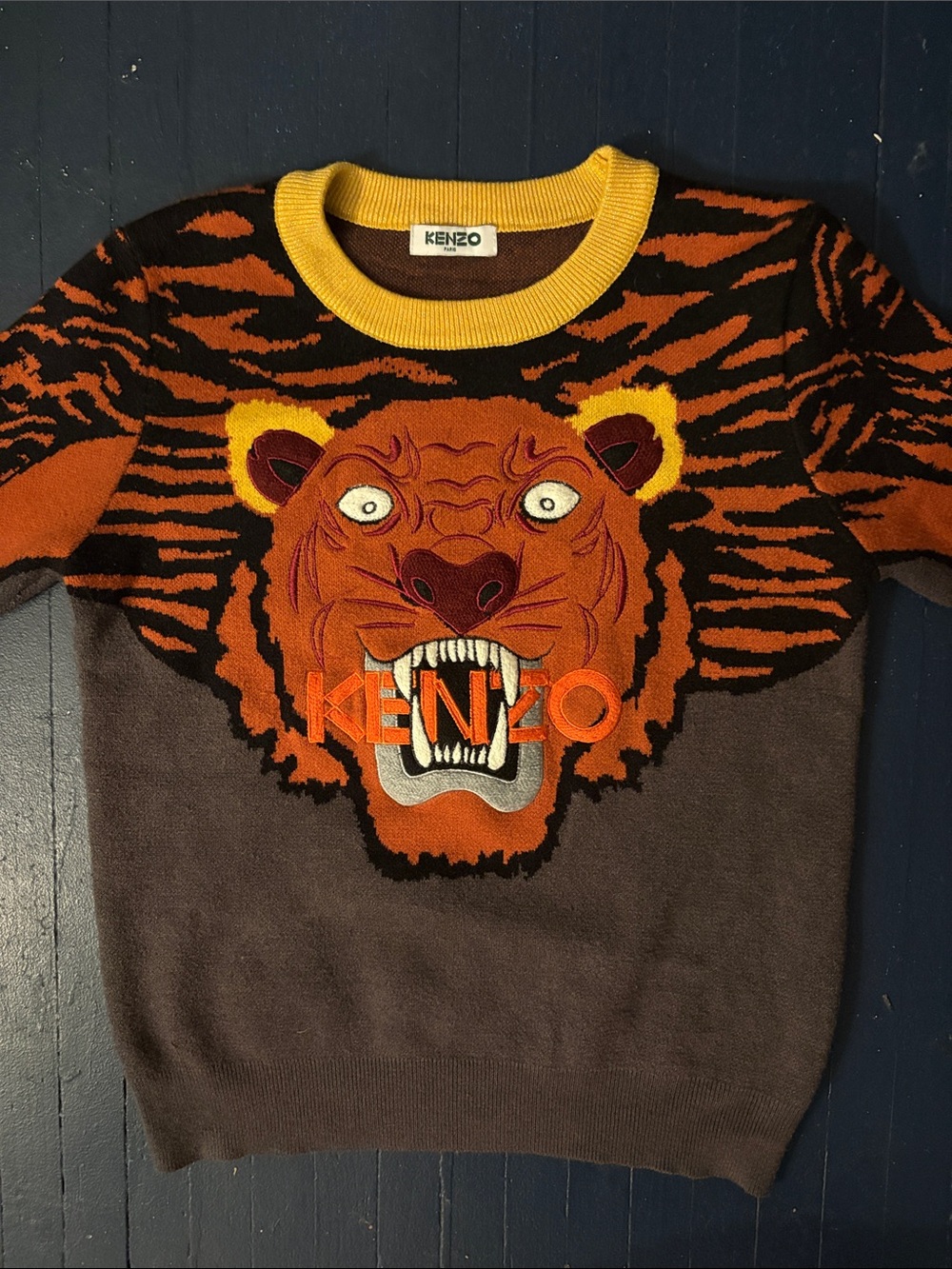 Kenzo Tiger Intarsia Crewneck in Orange, Brown and Yellow